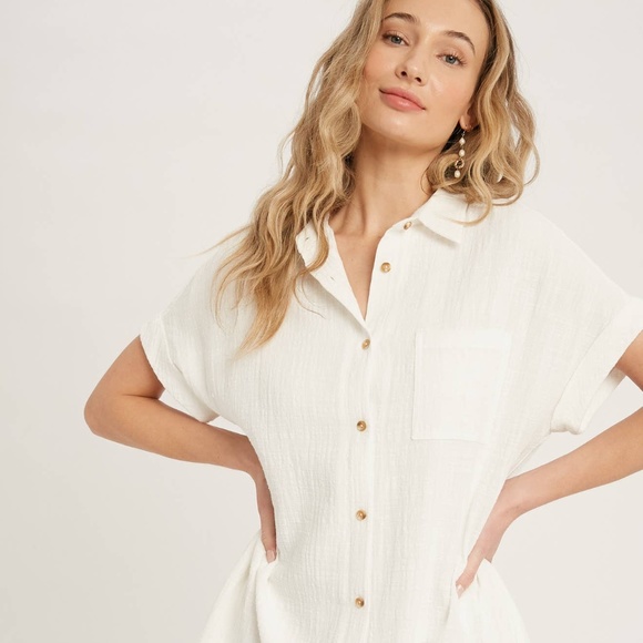 Button Up Shirt Dress With Pocket - Ivory - Picture 2 of 9